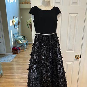 Theia Formal Gown - Black Cap sleeve with full ribbon skirt.